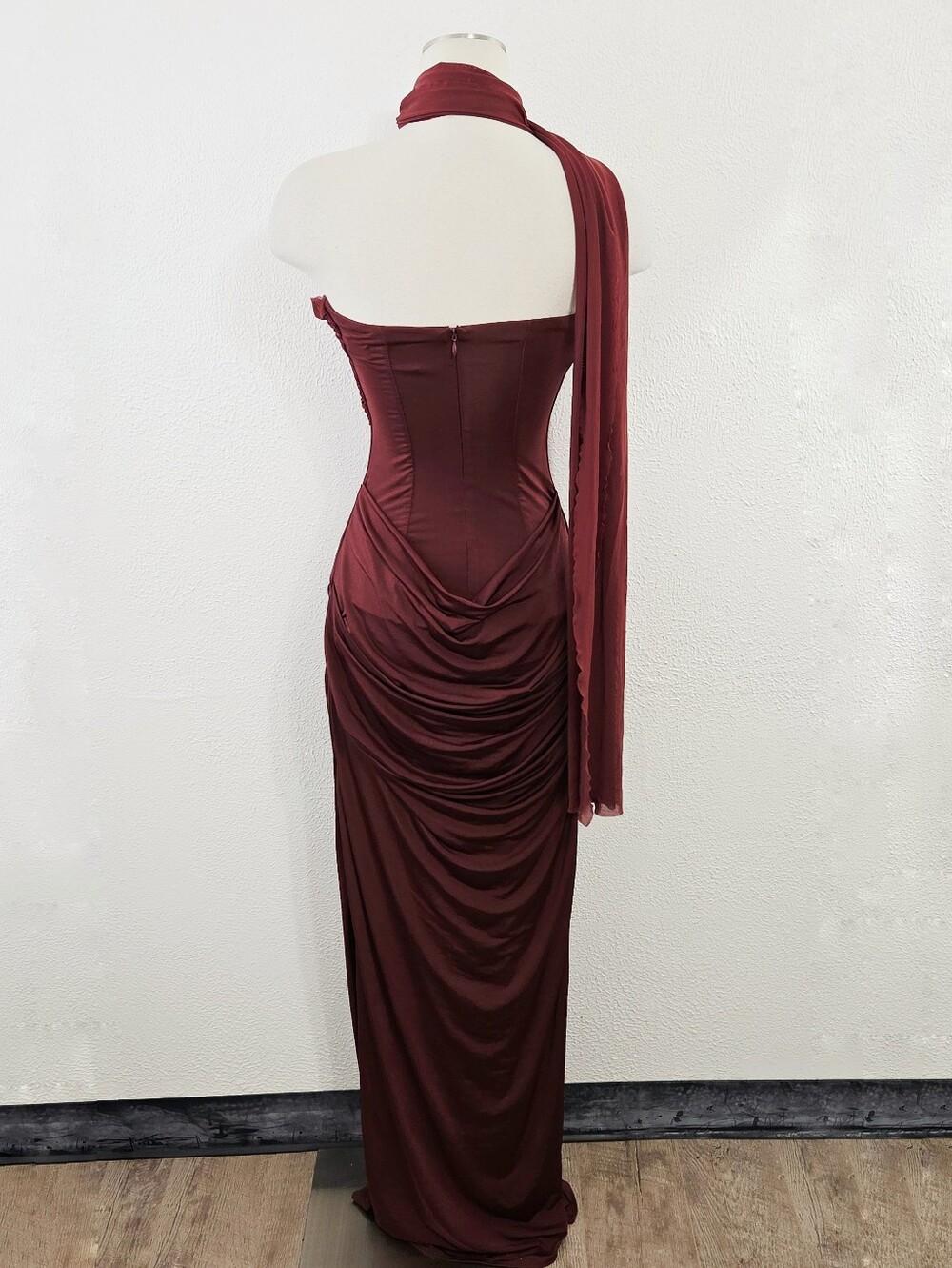 Meshki Mattea Slinky Mesh Maxi Dress With Scarf Burgundy red women's size small - Picture 5 of 10